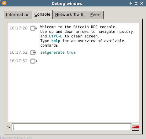 在 Bitcoin Core 中用于挖矿的 setgenerate 命令屏幕截图。