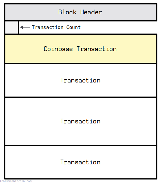 Diagram of the structure of a block showing the block header, tx count, and transaction data.