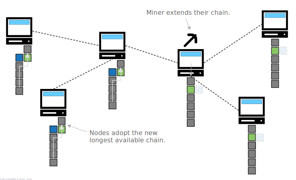 Diagram showing a temporary fork being resolved when the next block is mined.