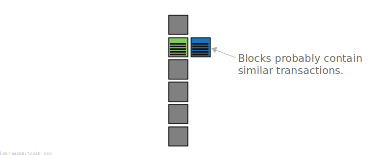 Diagram showing how competing blocks during a chain reorganization usually contain similar transactions.