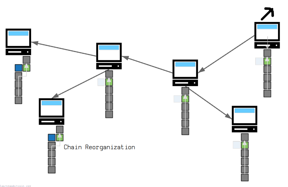 Diagram showing a chain reorganization across nodes on the network.