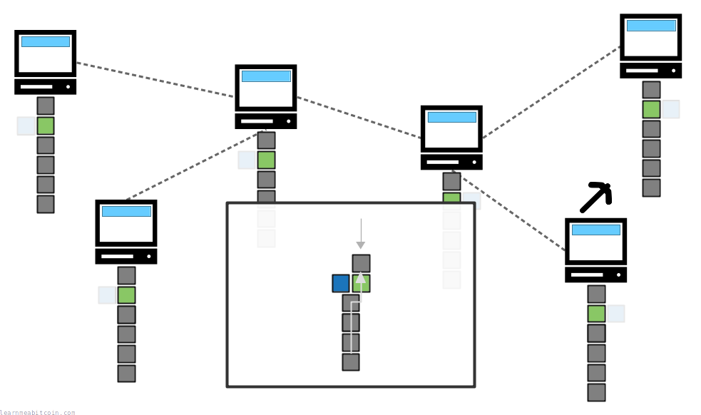 Diagram showing a temporary fork in the blockchain being resolved via a chain reorganization.