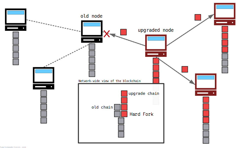 Diagram showing a hard fork on the bitcoin network.