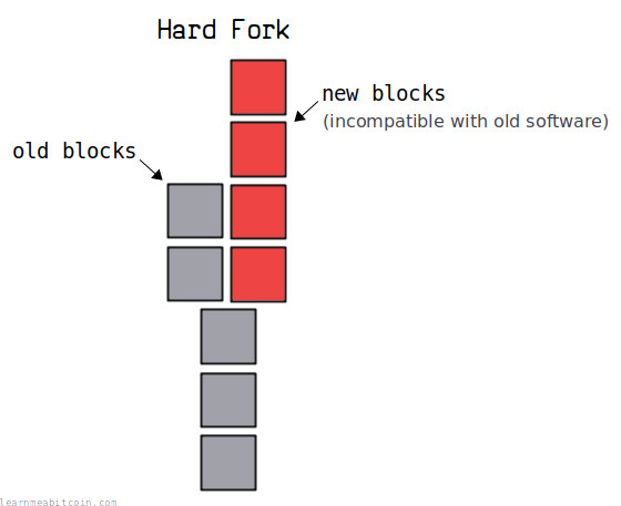 Diagram showing a hard fork in the blockchain.