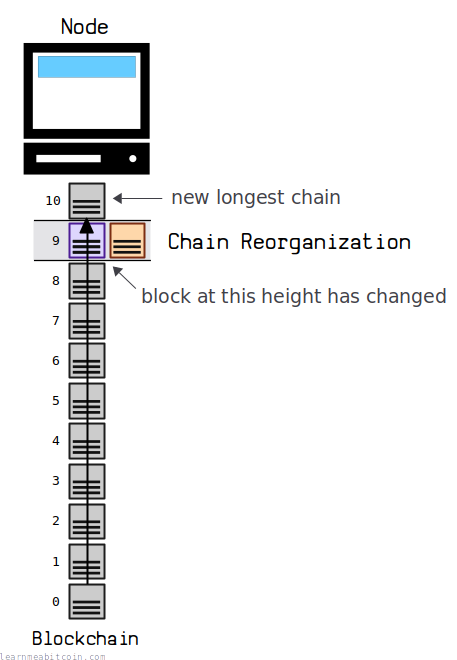 Diagram showing a different block occupying a specific height in the blockchain after a chain reorganization.