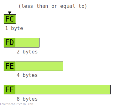 Diagram showing the prefixes used for compact size fields and the corresponding field sizes.