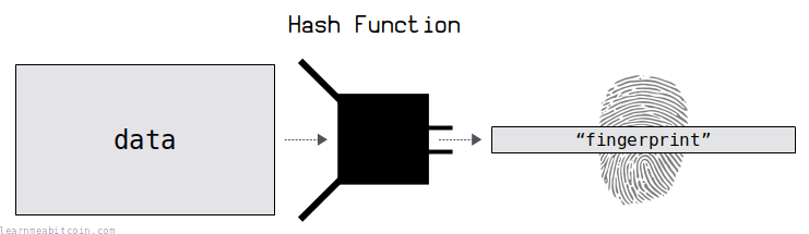 Diagram showing data being put into a hash function and a fingerprint coming out the other side.