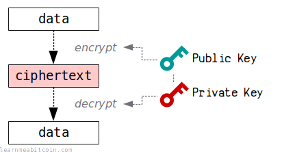 Diagram showing a private key and public key pair being used for encryption and decryption.