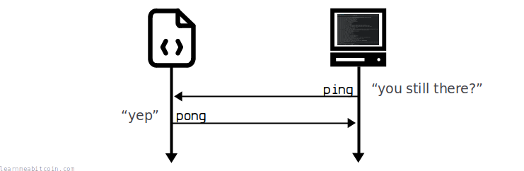 Diagram showing the message sequence for keeping a connection alive in the Bitcoin protocol via ping and pong messages.
