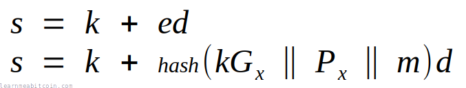 Equation showing the calculation of the challenge (e) in the Schnorr signature scheme in Bitcoin.
