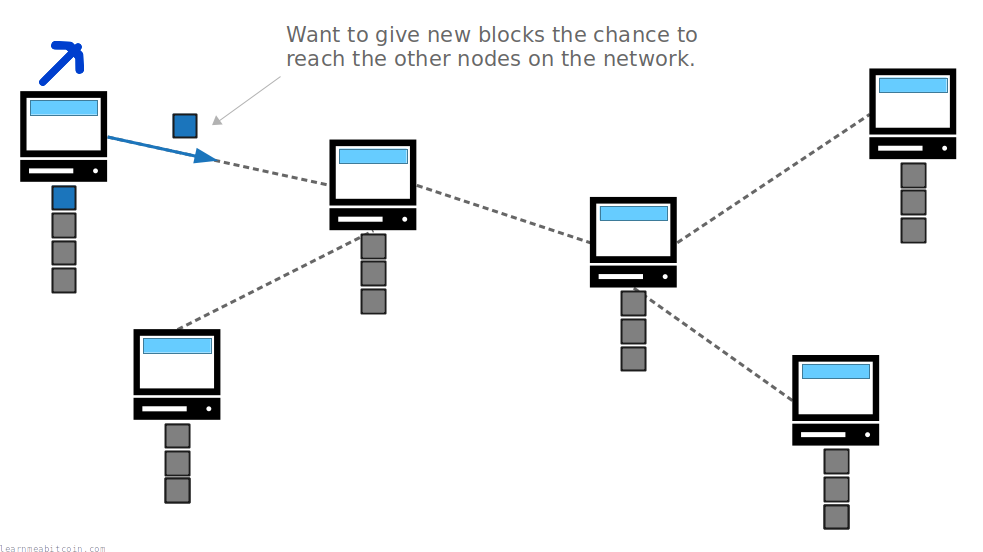 Diagram showing a newly-mined block propagating across nodes on the network.