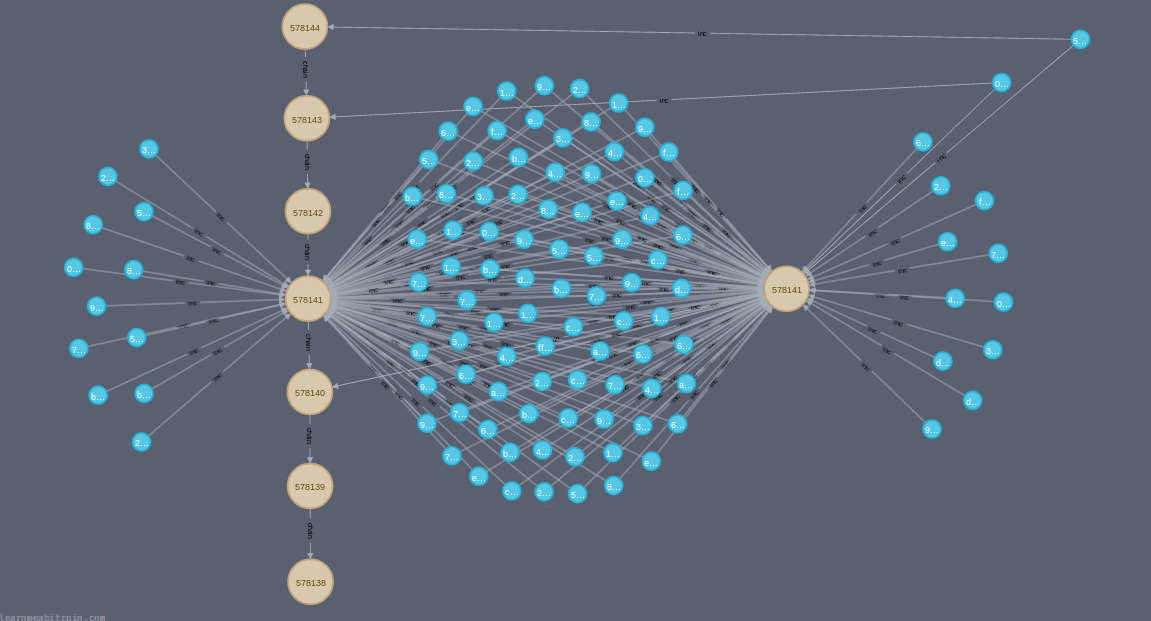 Diagram showing an actual example of chain reorganization and transactions from the stale block being re-mined in a later block.